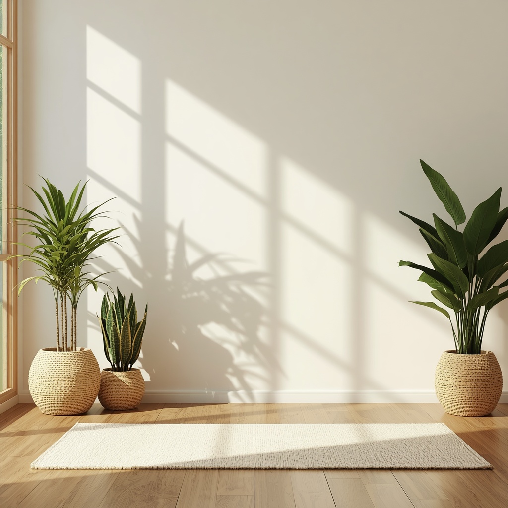 A serene meditation space bathed in morning sunlight, minimalist decor, natural wood and green indoor plants, highly detailed photography.