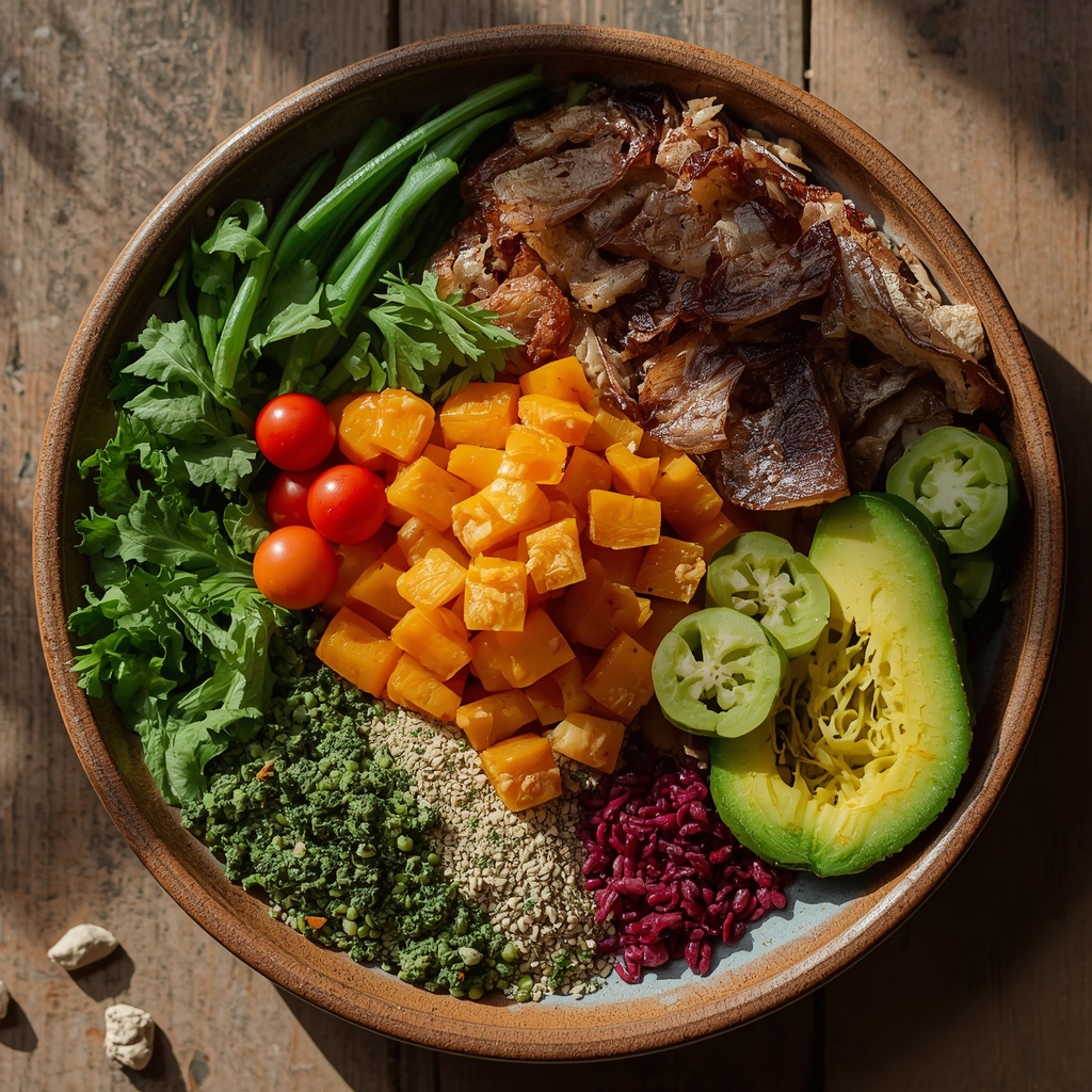 A beautifully arranged healthy meal with vibrant organic vegetables and superfoods on a rustic ceramic plate, natural lighting.